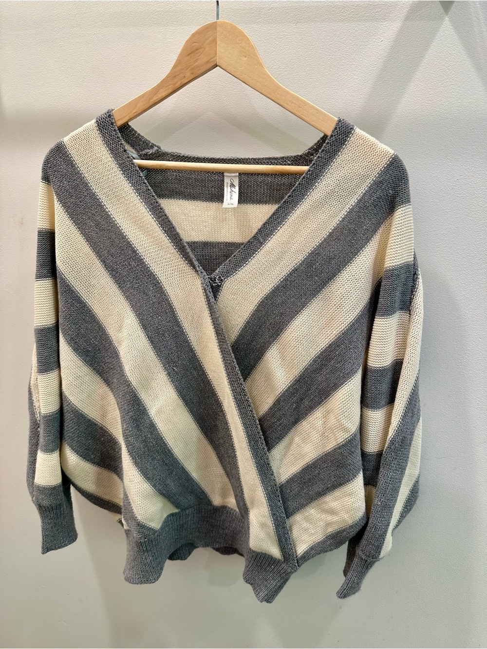 mahina Striped V-Neck Wrap Sweater Cardigan - Gray & Cream